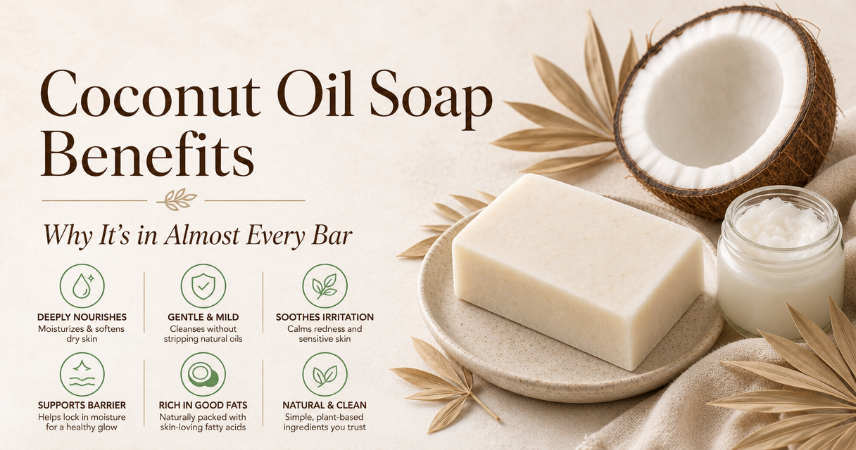 Coconut oil soap benefits featured image with soap bar and fresh coconut