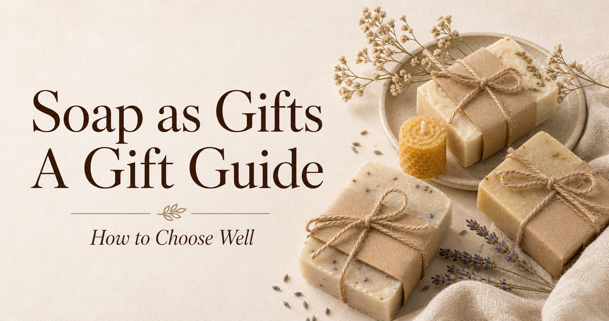 Soap as gifts guide with wrapped soap bars and beeswax candle