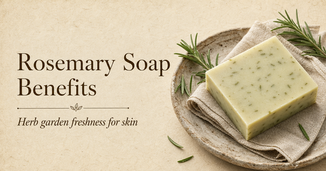 Rosemary soap bar with fresh rosemary sprigs on stone dish