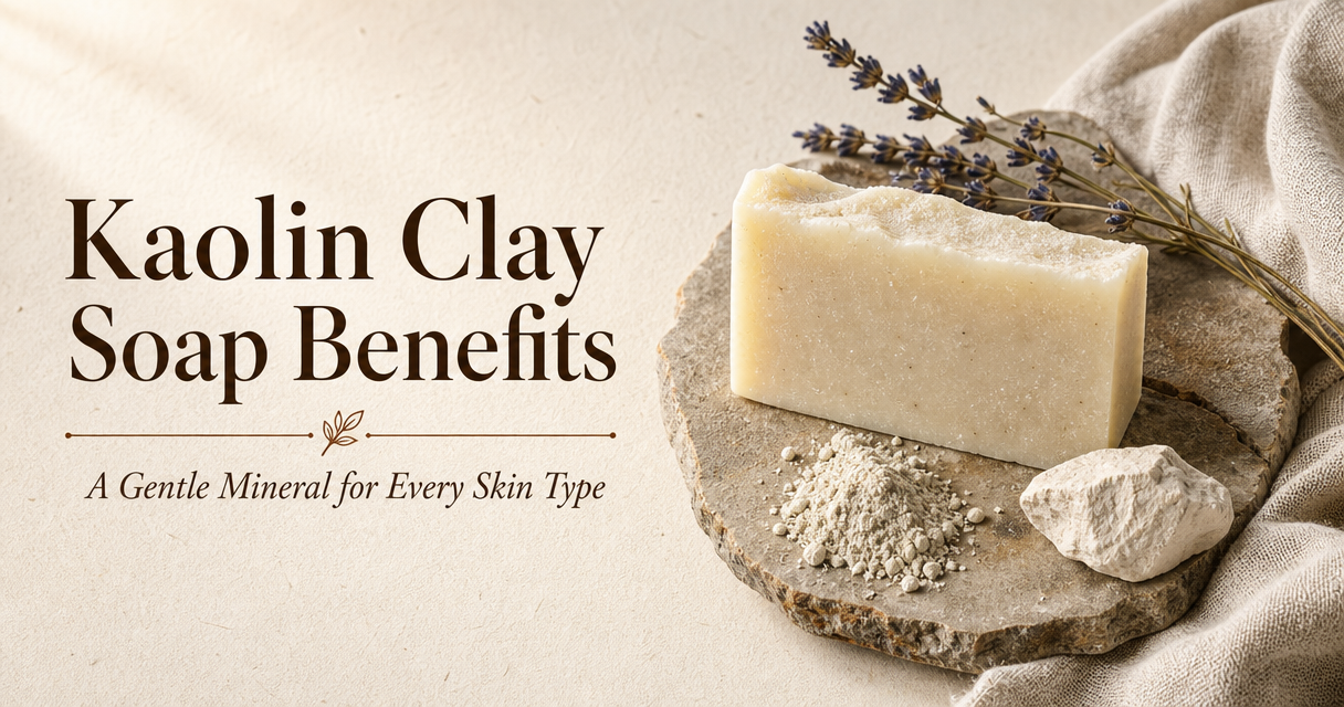 Kaolin clay soap benefits featured image with handmade soap bar and clay