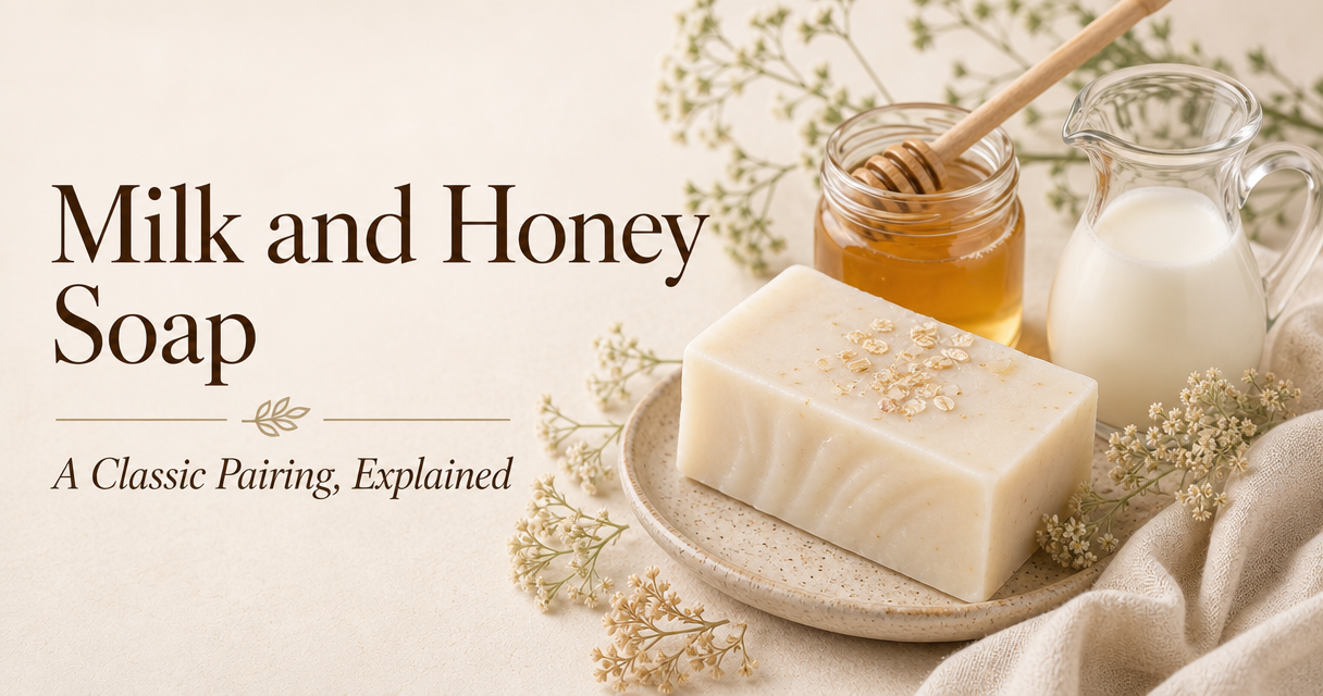 Milk and honey soap bar with honey jar and milk pitcher