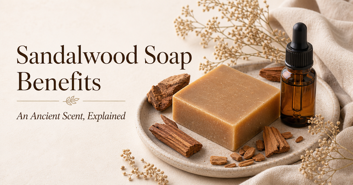 Sandalwood soap benefits with raw sandalwood bark and essential oil