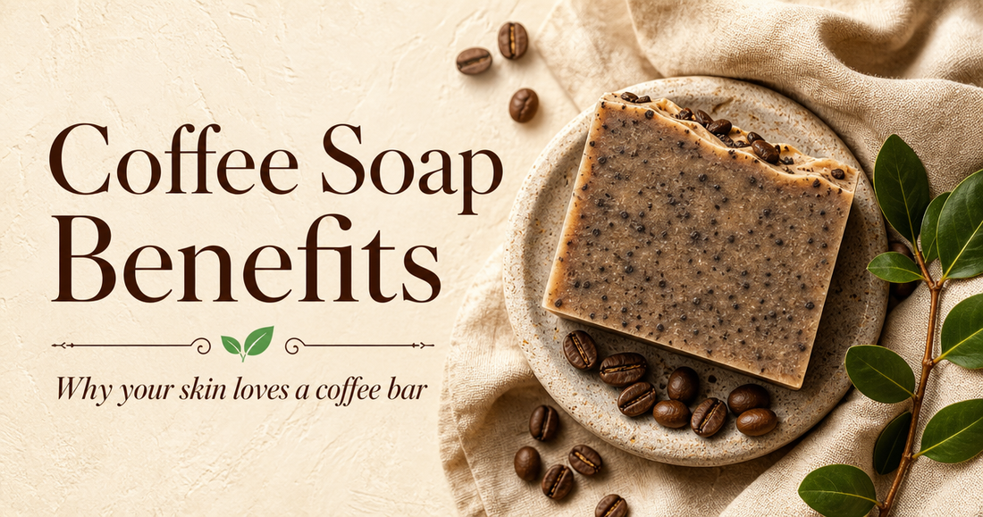 Coffee soap bar on stone dish with coffee beans and linen cloth