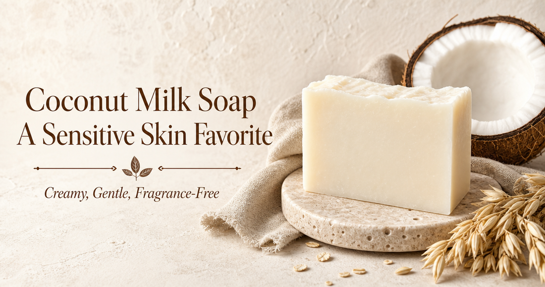 Coconut milk soap bar on a stone dish with natural ingredients - handmade artisan soap