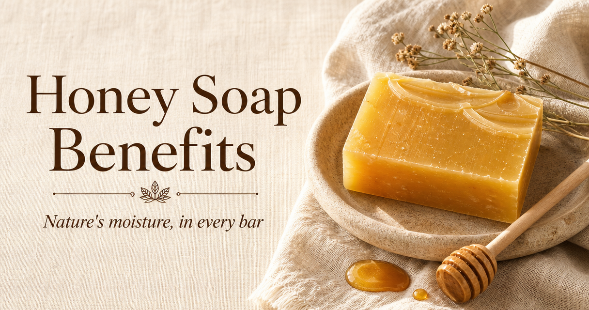Honey soap benefits — handmade bar with honey dipper