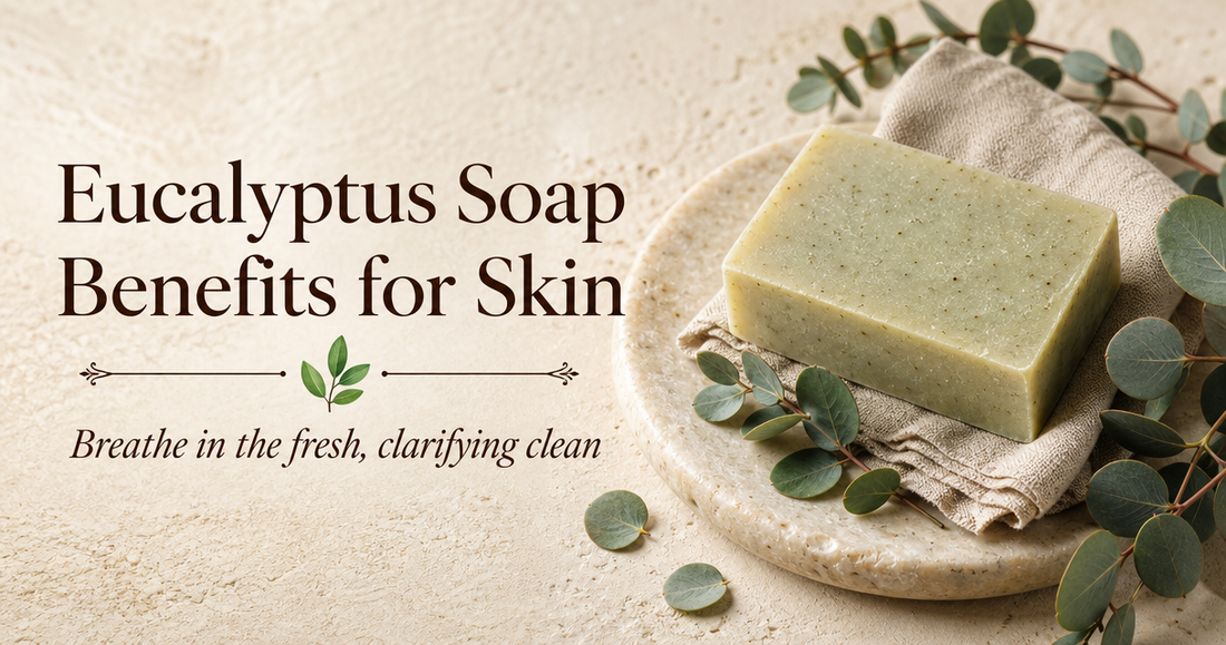 Eucalyptus soap bar on a stone dish with fresh eucalyptus sprigs