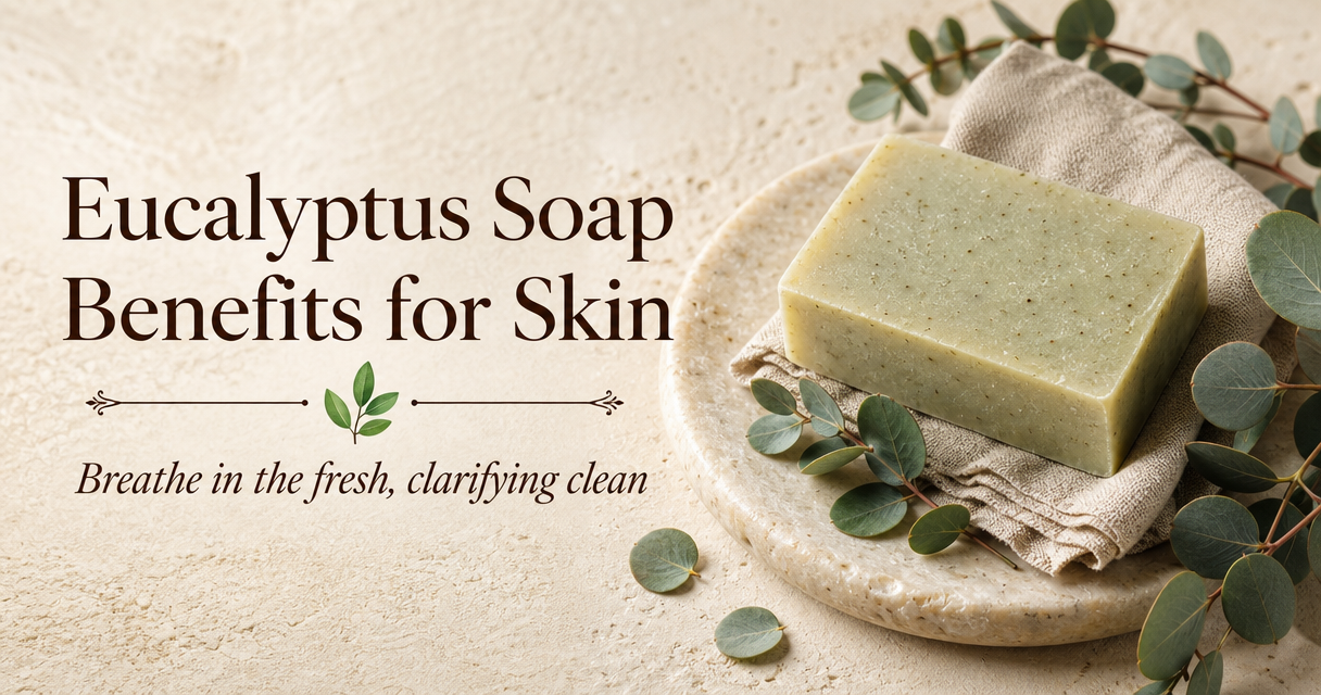 Eucalyptus soap bar on a stone dish with fresh eucalyptus sprigs