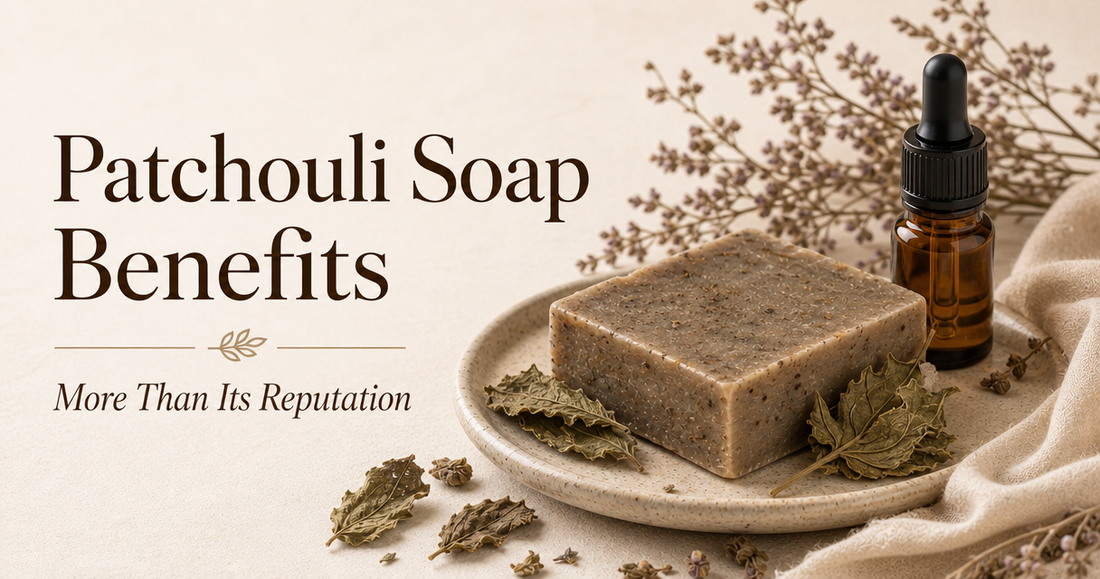 Patchouli soap benefits with dried patchouli leaves and essential oil
