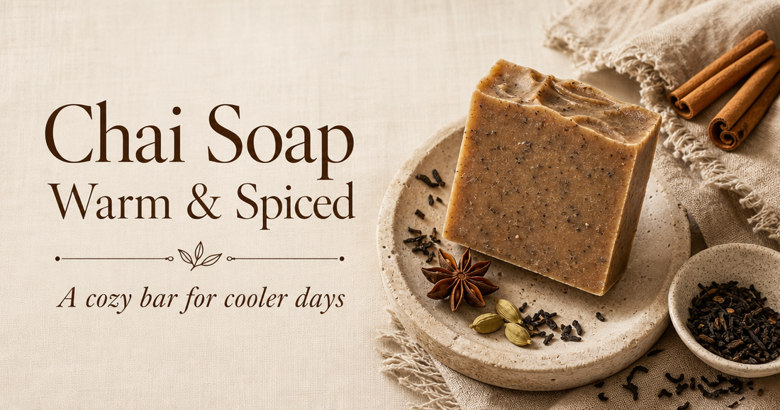 Chai soap bar with cinnamon sticks and tea on linen — warm spiced handmade soap