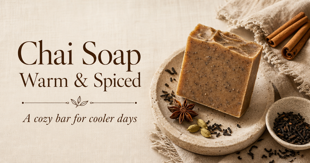 Chai soap bar with cinnamon sticks and tea on linen — warm spiced handmade soap
