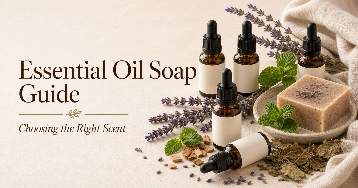 Essential oil soap guide with dropper bottles and botanicals