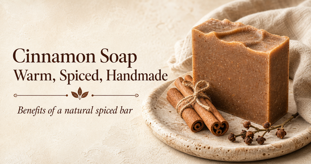 Cinnamon soap bar with cinnamon sticks on a stone dish