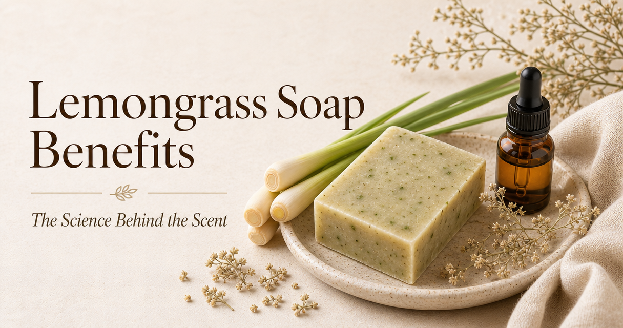 Lemongrass soap benefits with fresh lemongrass stalks and essential oil